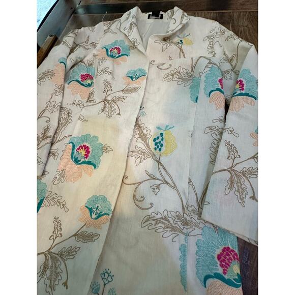 PaperWhite Women's White Long Floral Embroidered Linen Blazer Jacket Size 12 - Picture 3 of 11